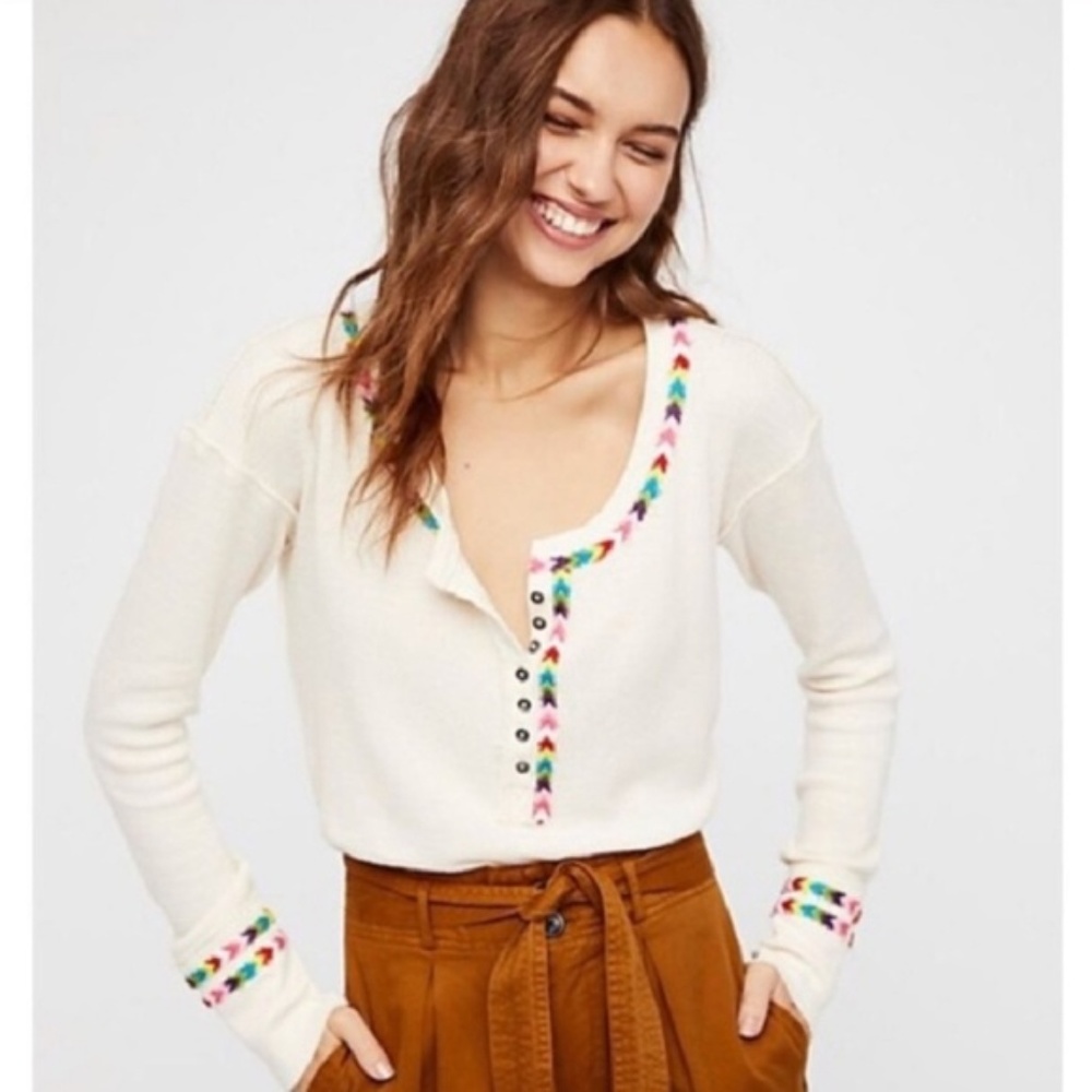 NWOT White Free People Rainbow Thermal Henley Top
